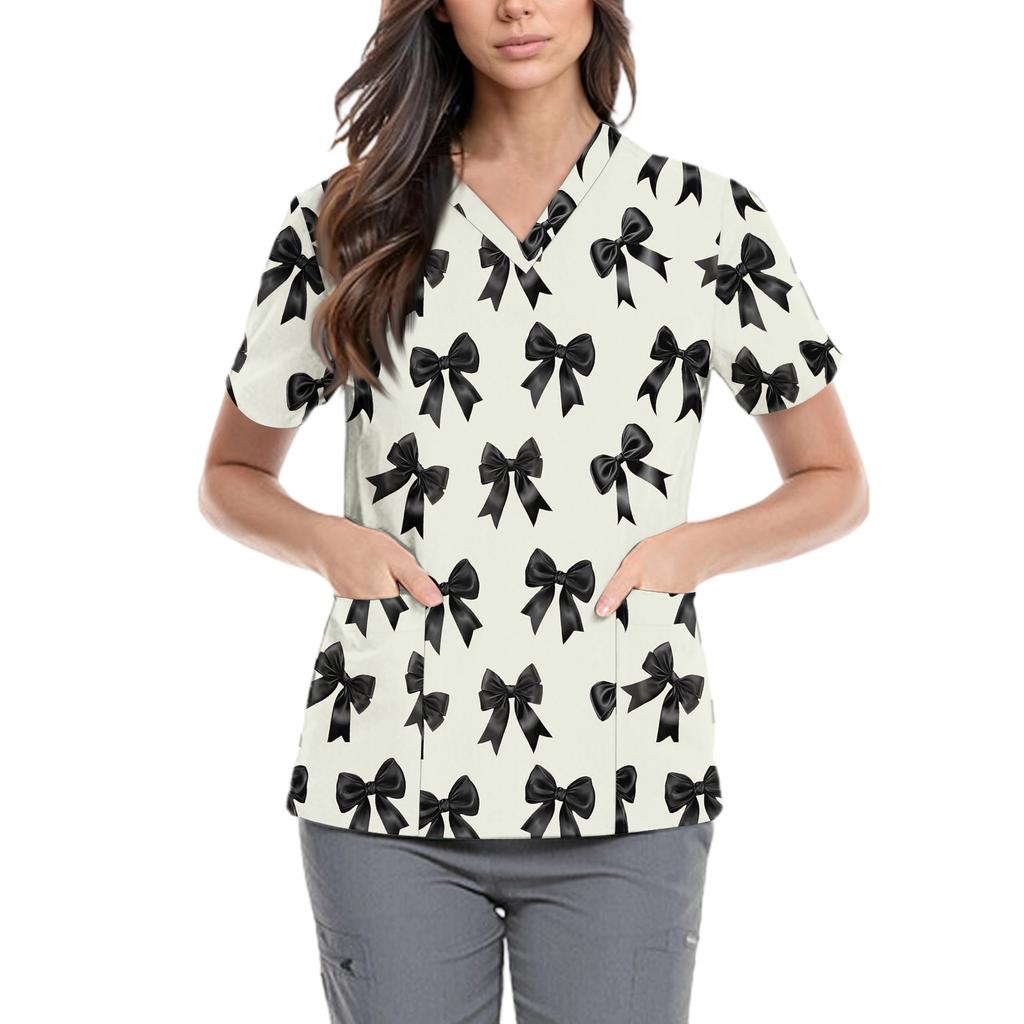 Women's Cute Bow Printed Work Clothes V-neck Double Layer Pockets Basic Short Sleeve Top Pullover