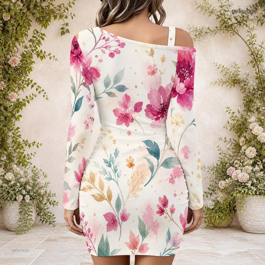 Ladies Plus Size Asymmetric Diagonal Shoulder Long Sleeve Dress