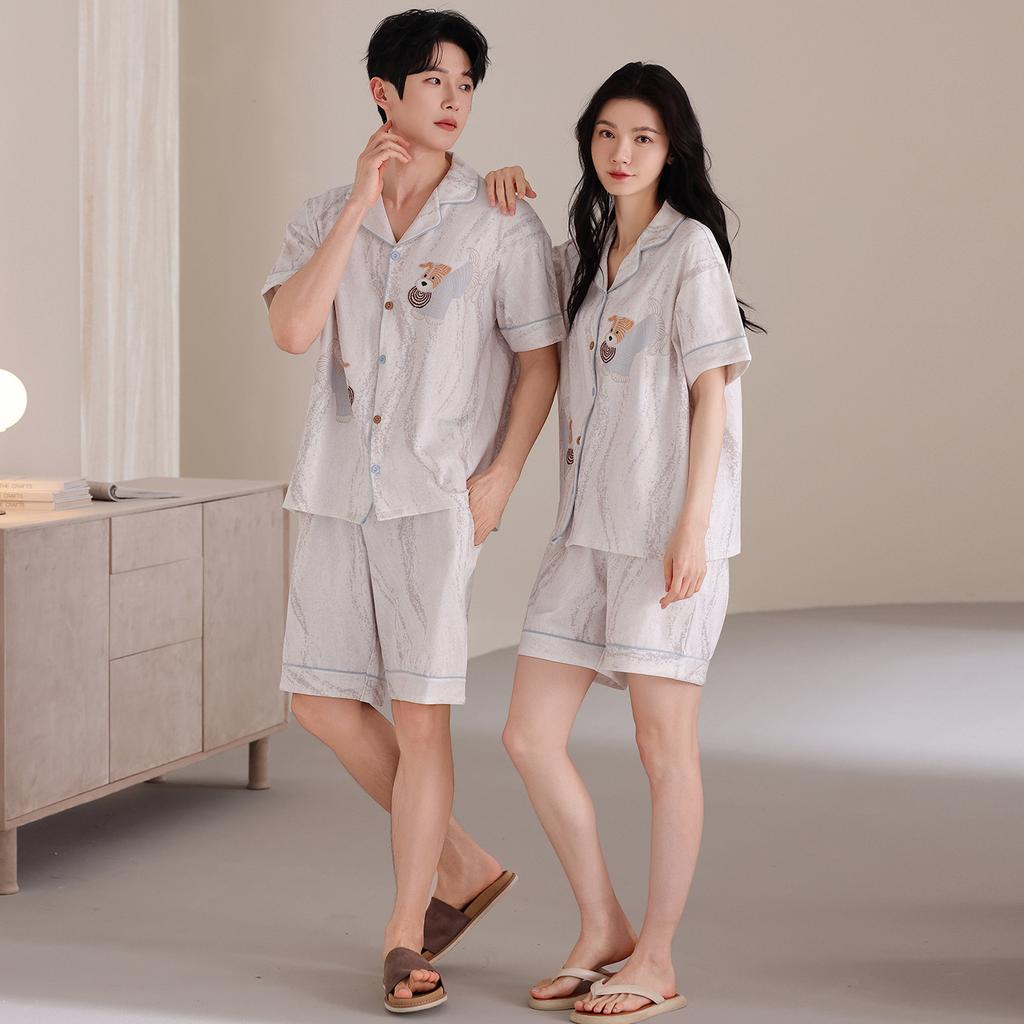 Pure Cotton Couple Pajamas Summer 1011 New Cartoon Cute Short-sleeved Shorts Can Be Worn Outside Men's and Women's Loungewear Suits