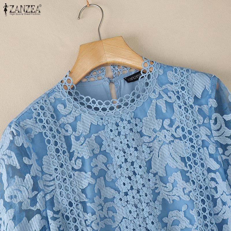 ZANZEA Women Casual Stand Collar Half Sleeve Lace Embroidery Patchwork Blouse
