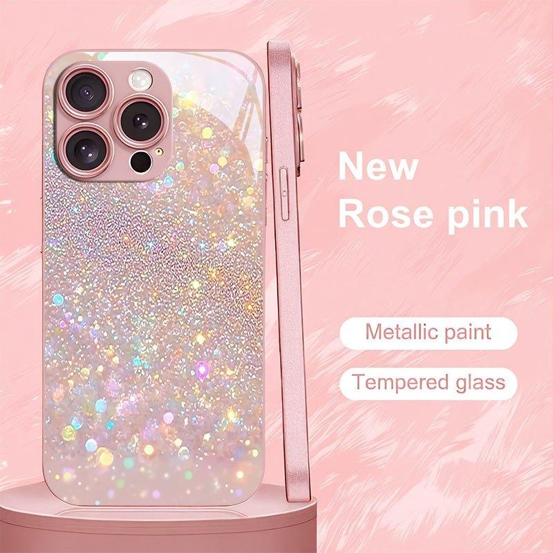 Dreamy Glitter Pattern Pink Metallic Tempered Glass Phone Case For iPhone 11 12 13 14 15 16 17 Pro Max 15 Plus 17 Air 16E Cover