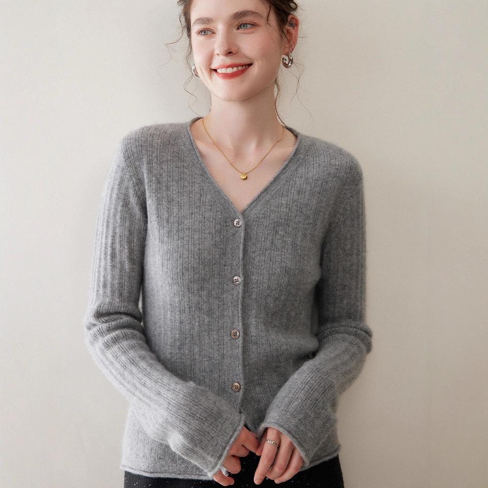 Women's Ribbed V-Neck Cashmere Cardigan - Long Sleeve, Loose Fit, Casual Base Layer Sweater.
