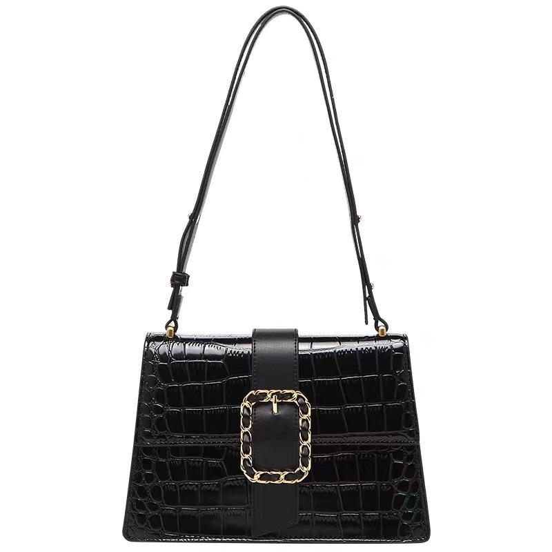 IELGY Crocodile Pattern Black Gold Bag, Large-capacity College-style High-end Commuting Shoulder Messenger Bag
