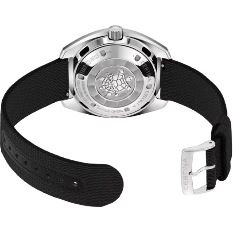 Certina Automatic Mechanical Movement 1000 Meters Waterproof Unisex Swiss Watch 43.5mm Black Dial Stainless Steel Case Fabric Strap C024.907.18.051.00