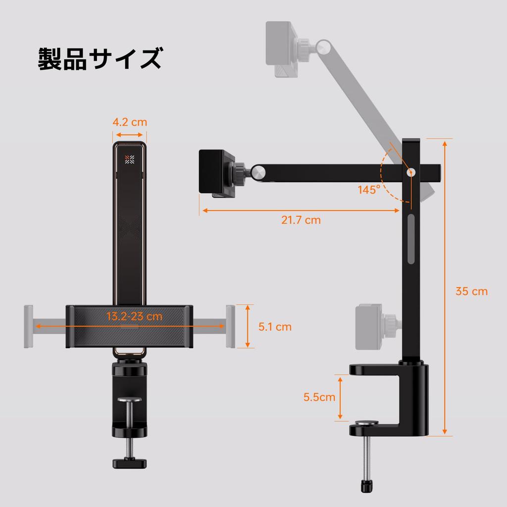Xlayout Stojan na tablet s ramenem pro stolní svorku Smartphone Stylus Pen Kompatibilní s palcovými tablety Použití, Orientace na šířku/na výšku, Rotace o 360°,