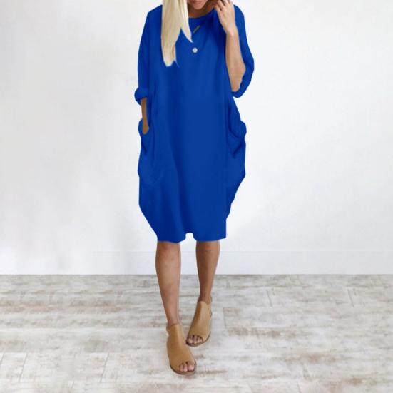 Spring Summer Dress Oversized Knee Length Long Sleeves Pure Color Round Neck Baggy Midi Dress for Daily Wear Dating Travel