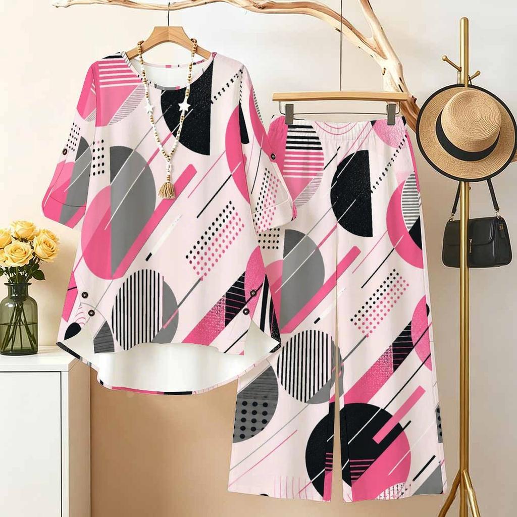 Women Plus Size Round Neck Three Quarter Sleeve Geometric Printed High Low Top And Long Pants Two Piece Set