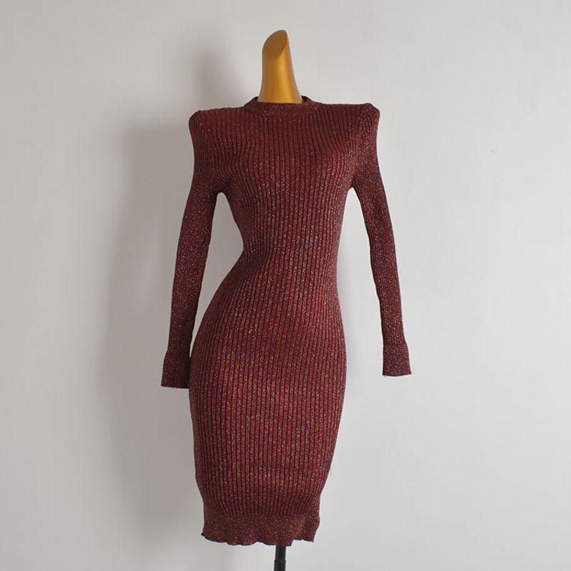 

Fall and Winter New round Neck Shiny Long Sleeves Knitting Dress Women s Clothing Silm Slim Looking Mid Length Long Length Bodycon Dress Picture color One size