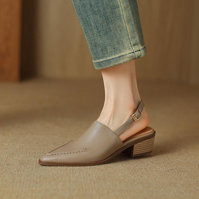 Fashion NEW Summer Women Sandals Genuine Leather Shoes for Women Pointed Toe Chunky Heel Shoes Simple Cover Toe Slingback Buckle Sandals