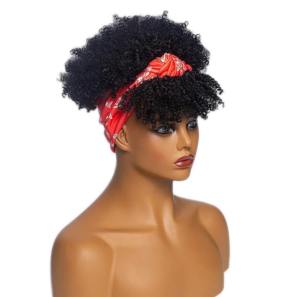 Afro Curly Kinky Synthetic Head Wraps Short Drawstring Puff Wigs with Small Cap Headband Scarf Wigs