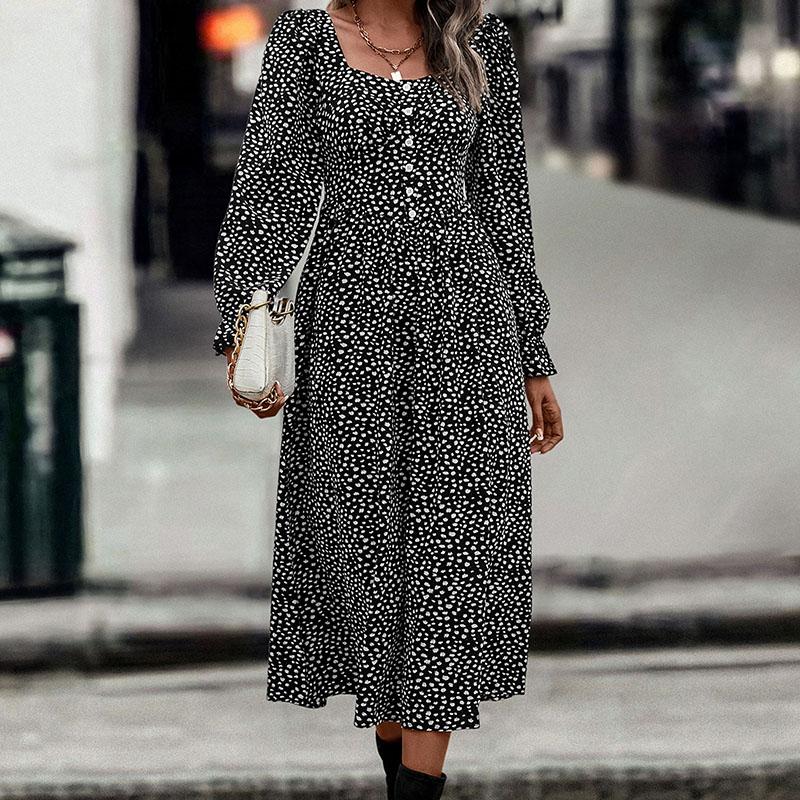 Summer Print Dress Women A-line Casual Butterfly Sleeve Cotton Full Sleeve Turn-down Collar Mid-Calf