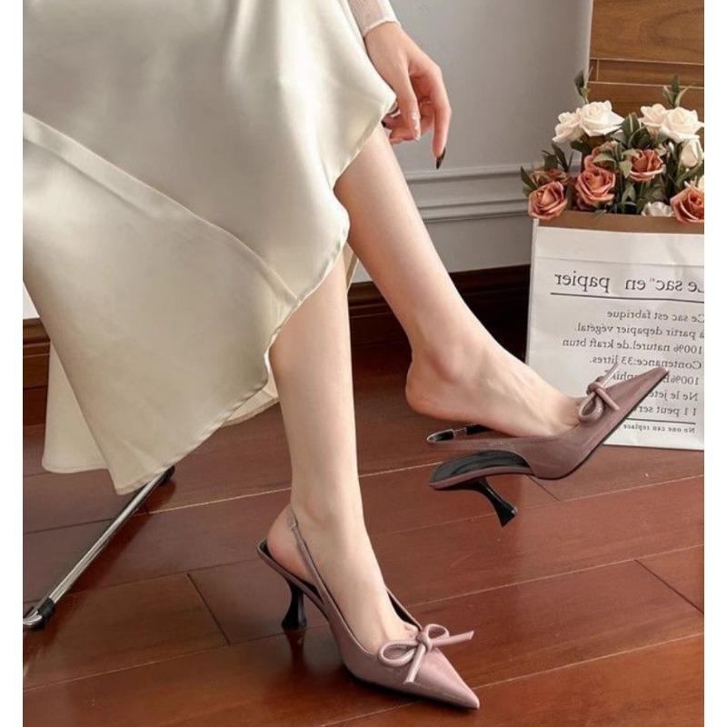 Spring 2026 Sweet Butterfly Knot High Heel Sandals Women's Nude Color Pointed Toe Thin Heel Elegant Slip-On Backstrap Shoes