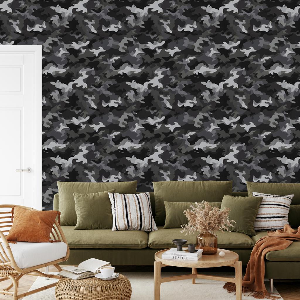 Military camouflage wallpaper graphite, gray and black 50x1000