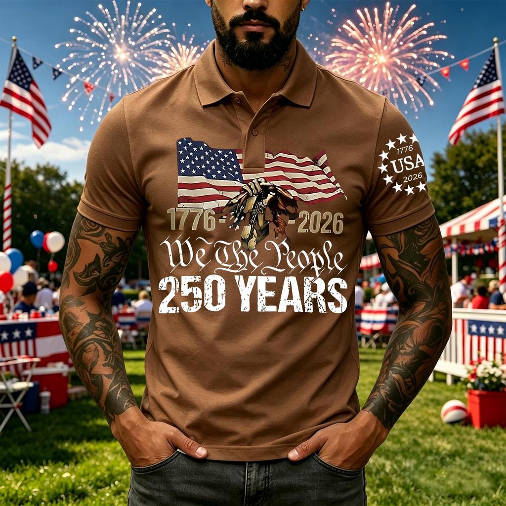 Men's Short Sleeve Polo Shirt with 250 Years Commemorative Print Casual Button Down Top for Everyday Wear