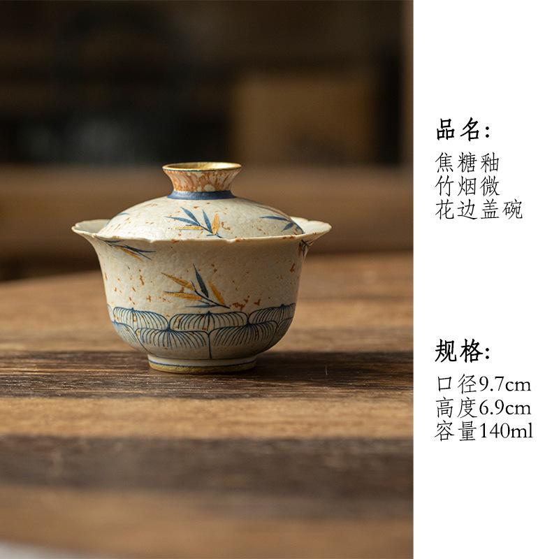 

140ml Hand-painted Lotus Bamboo Shadow Flower Mouth Gaiwan Zen Tea Tureen Tea Bowl With Lid Kit Tea Maker Cover Bowl Tableware