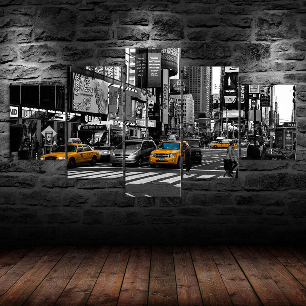 New York City Street Yellow Taxi Cars Black White Scenery 5 Piece Five Panel Wall Canvas Print Modern Art Poster Home Decor Gift For Him Her