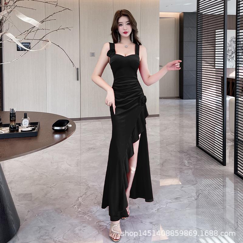 Women s Square Neck Sleeveless Mermaid Dress Slim Fit Mid Rise Elegant High Slit Maxi Dress S