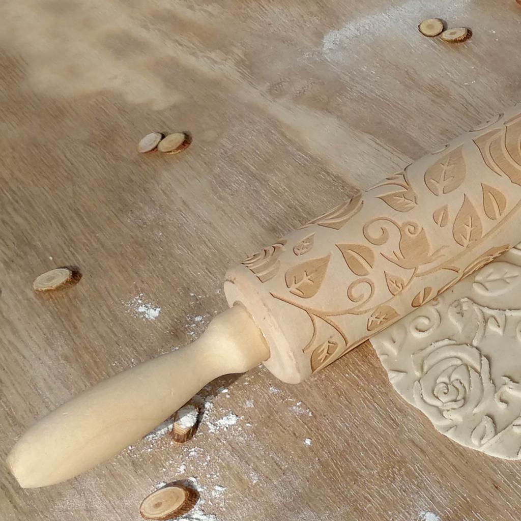 Wooden Rolling Pin, Rose Flower Embossed Engraved Carved Rolling Pin