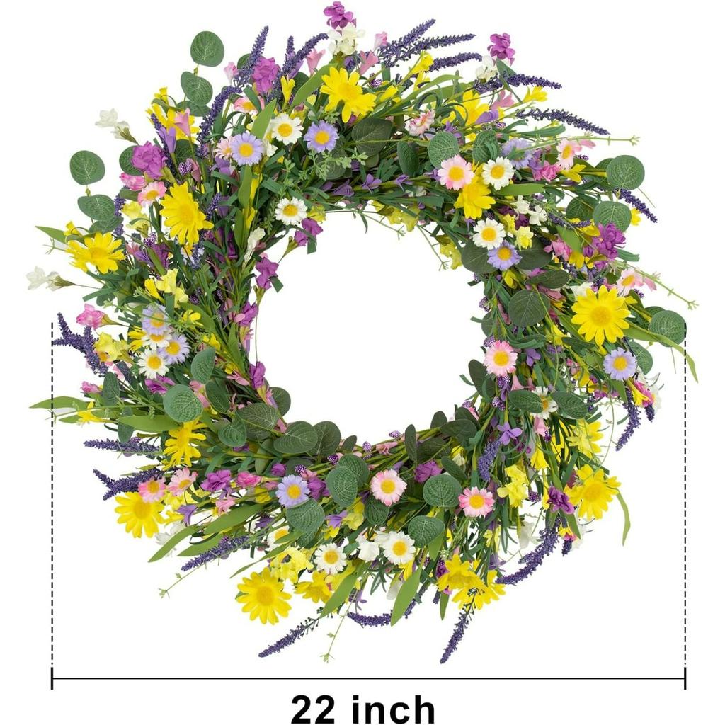 22 Inch Artificial Summer Wreath Daisy and Lavender Wreath with Wildflowers for Home Wall Farmhouse Springtime Easter Holiday Party