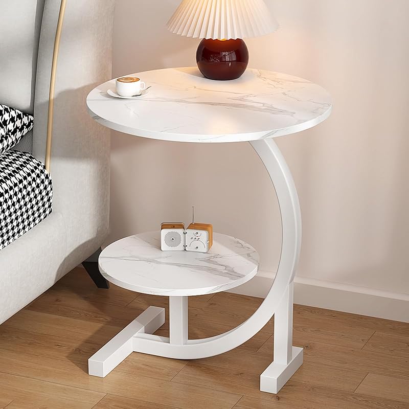 2 Tier End Table, C Shaped Side Table with Metal Frame, Small Coffee Table with Storage, Round Sofa Table for Living Room, Bedside Table for Bedroom,