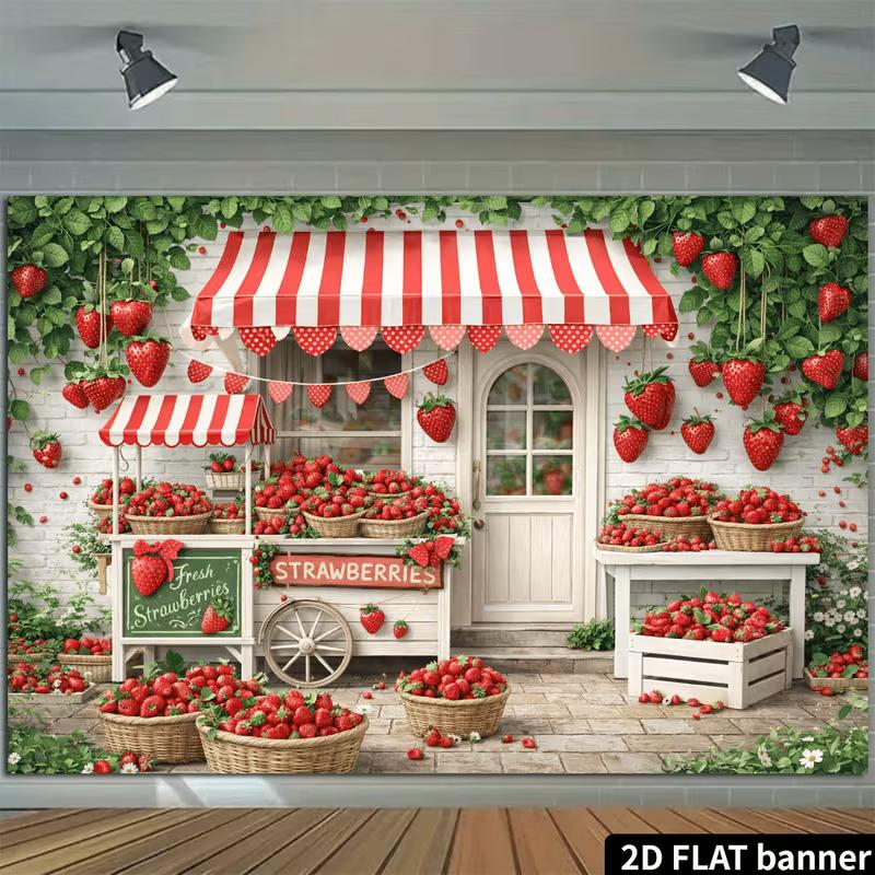 2D Cute Strawberry Market Backdrop, Fresh Fruit Storefront Wall Decor for Home