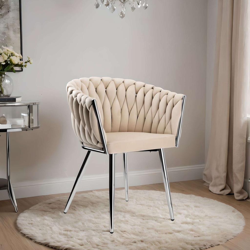 Geflochtener Veloursstuhl Cofton Chrom Samt Beige