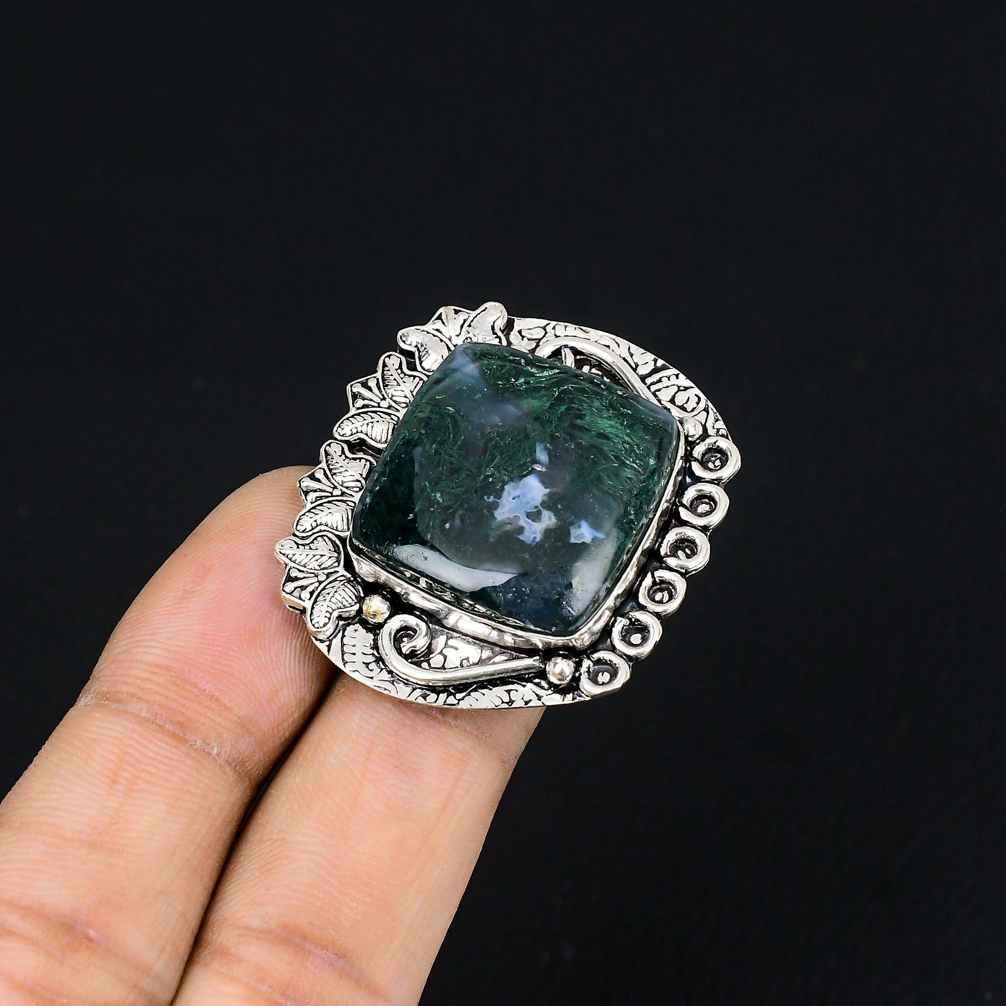 Friendship Day Deal 925 Silver Natural Solar Moss Agate Promise Ring Size 6.5 6.5