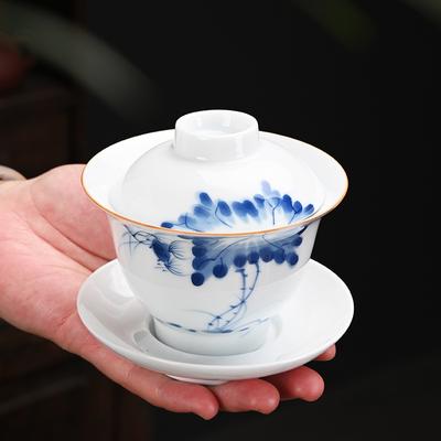 Bol recouvert de jade gras de mouton peint avec un bol de préparation du thé en céramique dorée, service à thé Kung Fu en porcelaine blanche haute et bol à thé