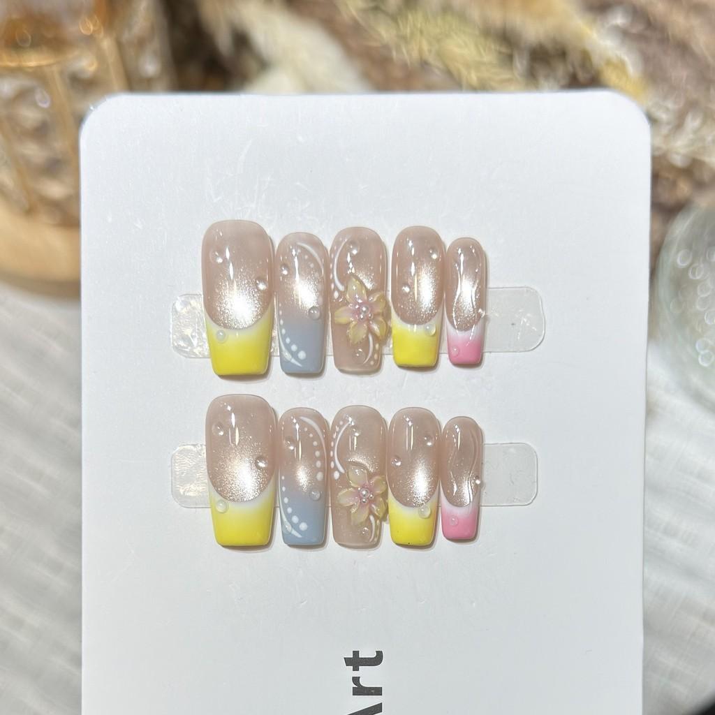 Handmade Press On Nail Spring Summer Fresh Colorful Cat Eye 3D Carved Flower European American Long Square Fake Nail Patch Artificial Nail Reusable