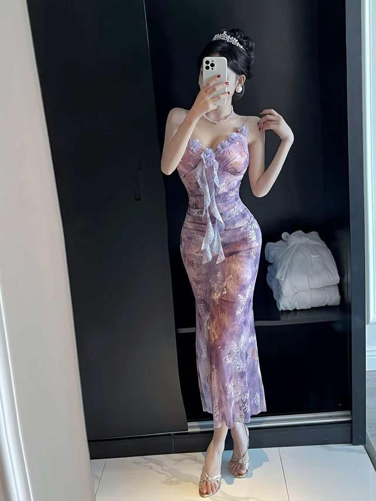 Mature Style Slimming Spaghetti Strap Mesh Print Fishtail Dress