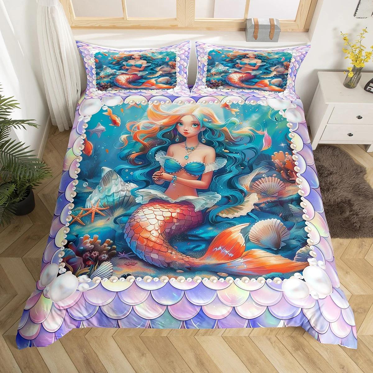 

Beautiful Mermaid Bed Duvet Cover Suitable For Children Boys Girls Mermaid Princess Bed Quilt Cover Warm Comfortable Breathable AU King(245*210cm)3pcs