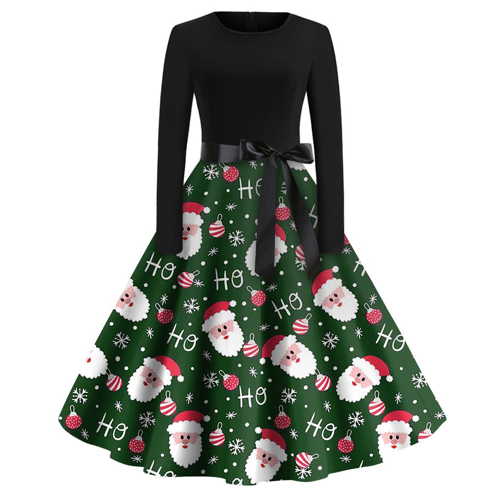 Christmas Print Flare Dress For Women Long Sleeve Dress Hollow Party Casual Dresses