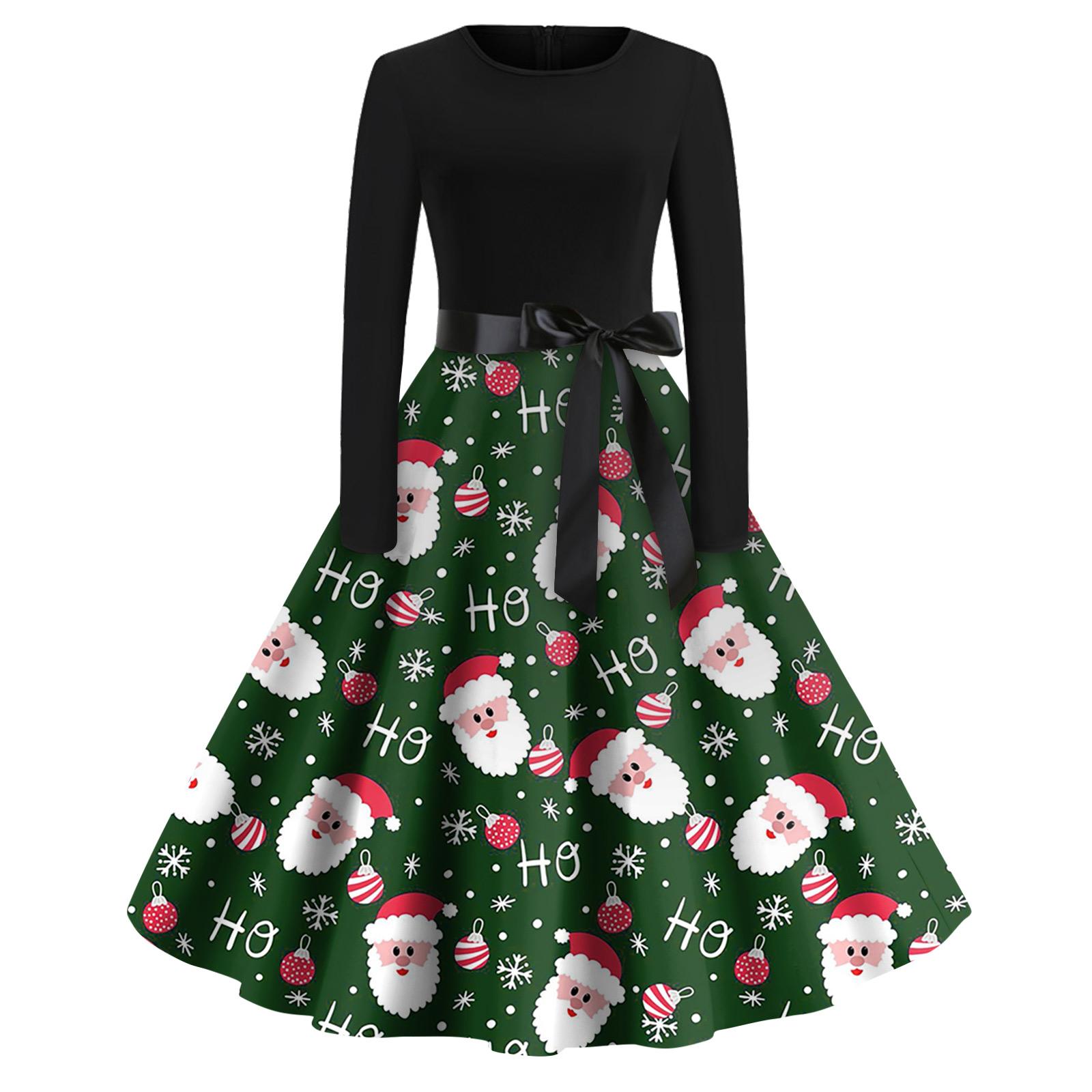 

Christmas Print Flare Dress For Women Long Sleeve Dress Hollow Party Casual Dresses XXL