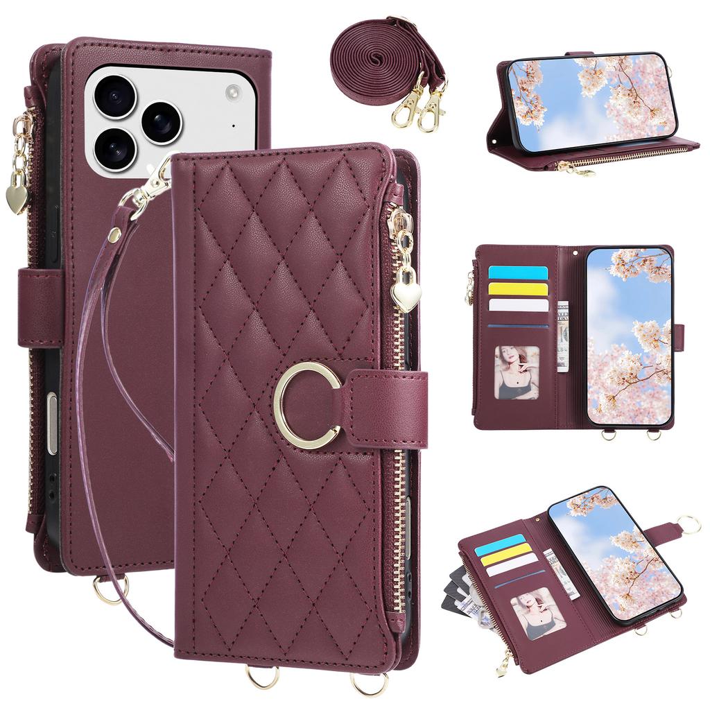 Applicable to iPhone17 leather case Samsung S26 Xiaoxiangfeng ring buckle zipper wallet insert card oblique span protective case A57