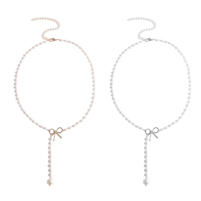 Sweet Bowknot Tassels Pendant Necklace Fashion Pearls Chain Choker Simple Collar Necklace Clavicle Chain Party Jewelry
