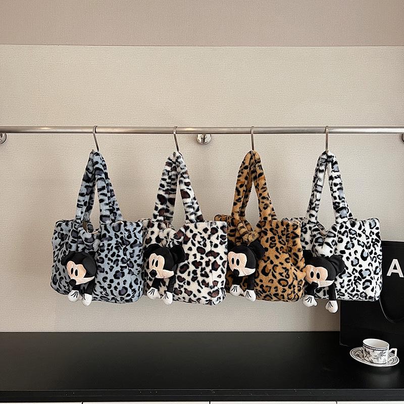 2025 Women's Large Fluffy Leopard Print Shoulder Tote Bag