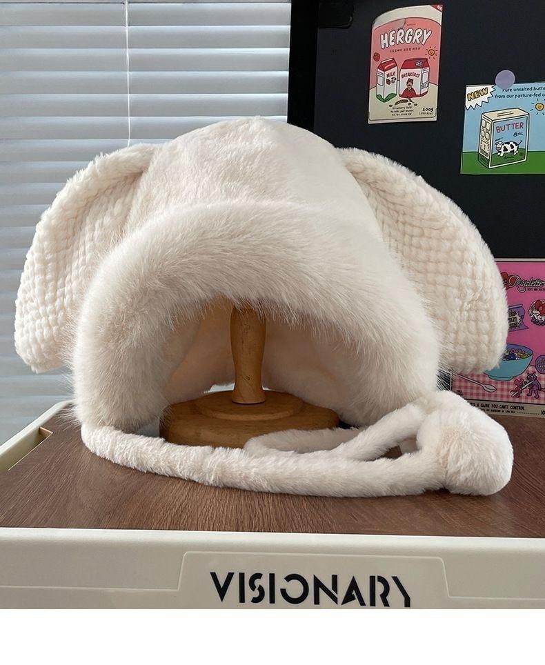 Zimowa Urocza Czapka z Uszami Królika Damska na Dużą Głowę Pogrubiona Ciepła Ochrona Uszu Miękka i Wygodna Ciepła Czapka na Zewnątrz