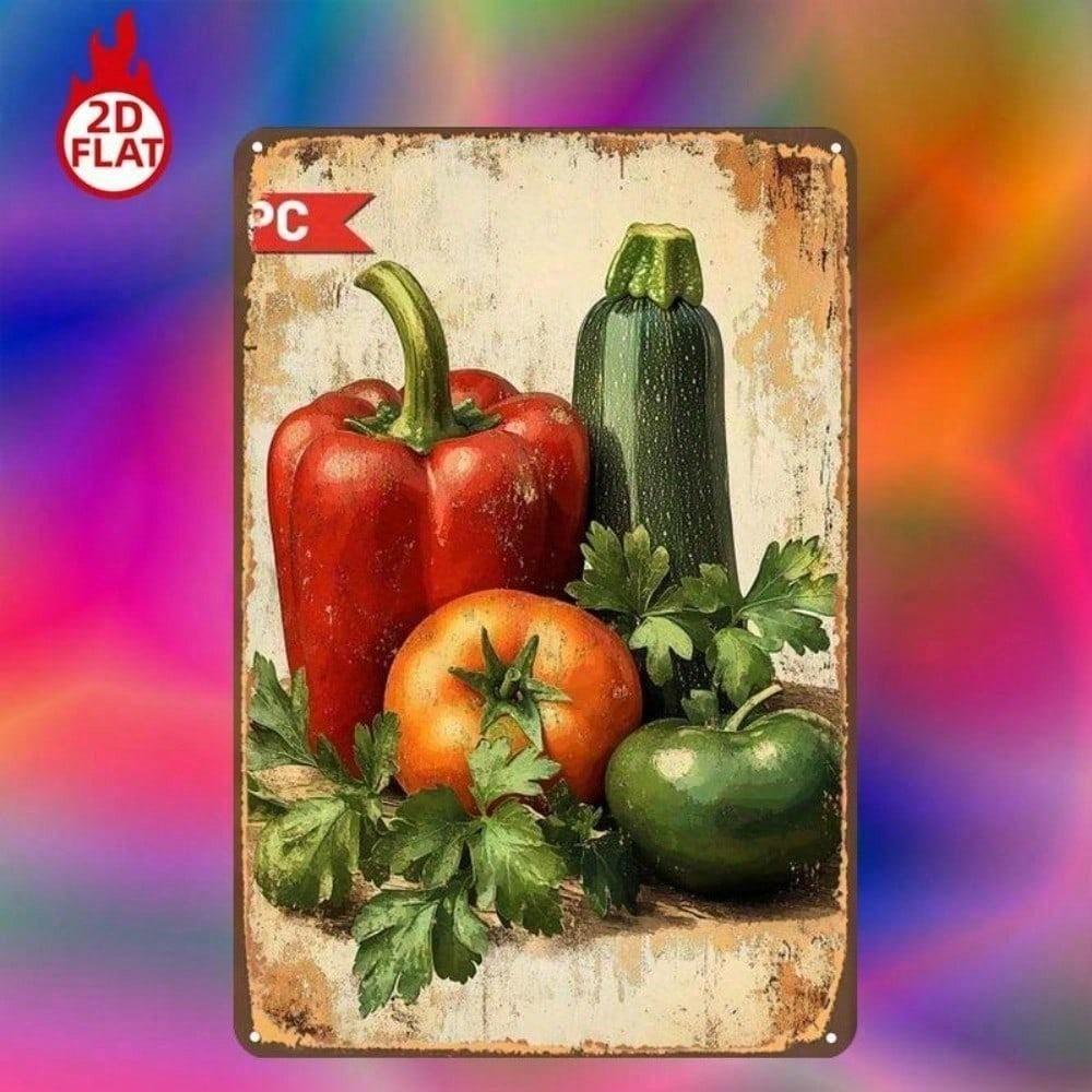 1pc Fresh Vegetables Metal Sign 8x12 Rustic Farmhouse Wall Decor Vintage Bell Pepper Tomato Cucumber Green Apple Tin Plaque