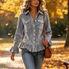 Women's Casual Top with Ruffle Trim Bell Sleeves Button Front Pockets