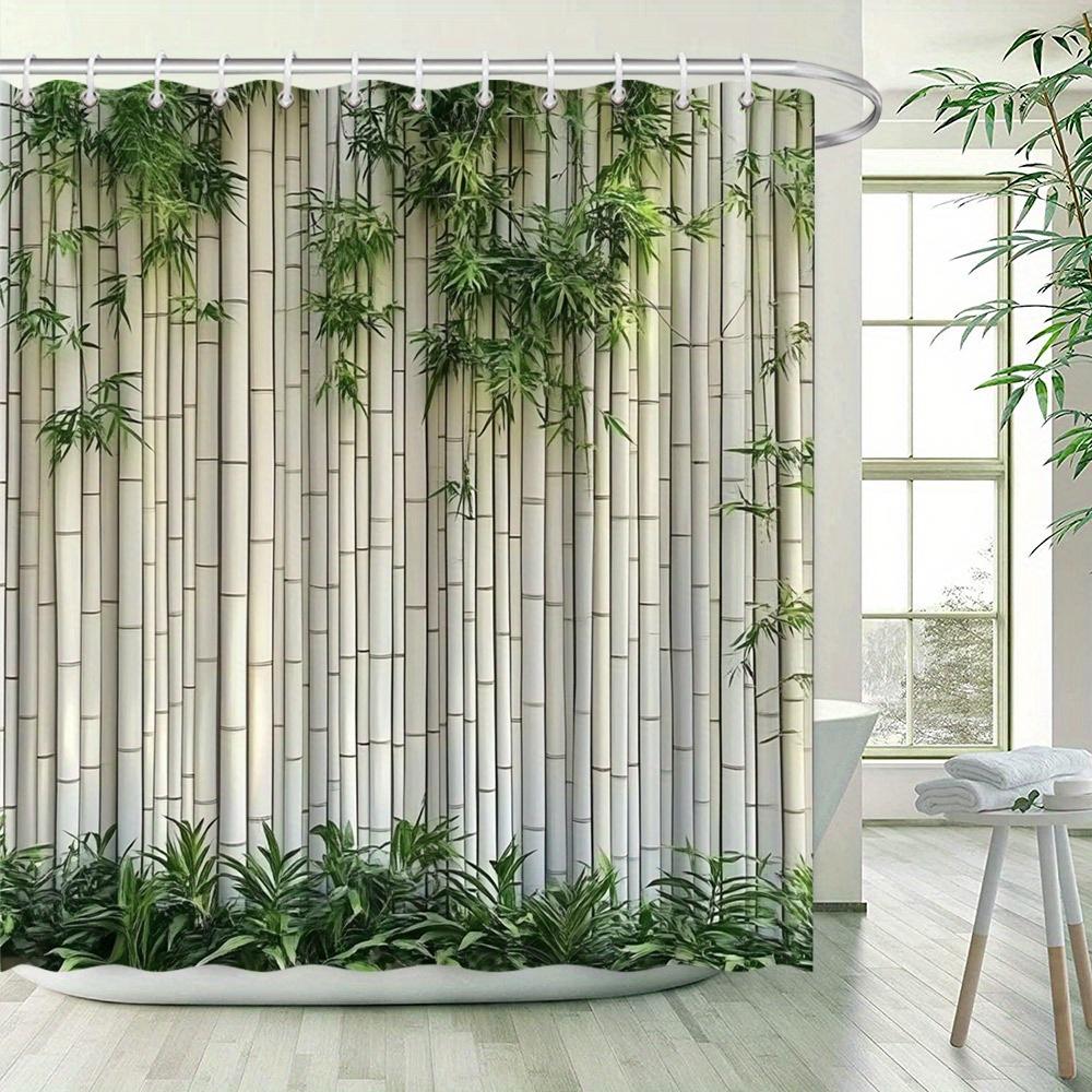 Tenda da Doccia Moderna in Bambù - Listelli Bianchi e Motivo con Piante Verdi, Design Paesaggistico Texturizzato, Poliestere Resistente all'Acqua
