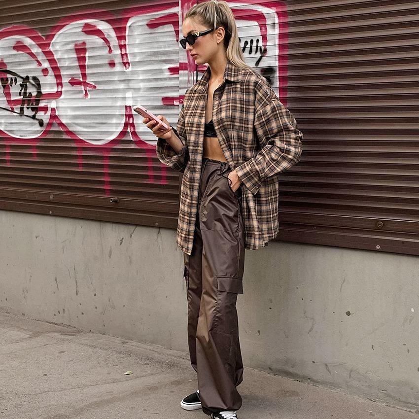 Brune Rutete Bluser Dame Streetwear Langermet Løse Skjorter Casual Nedslått Krage Kontordame Rutete Topper