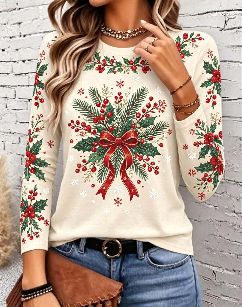 Women Long Sleeve Tee Round Neck Casual Tops Santa Reindeer Snowman Gift Print Christmas Fashion Loose Fit Daily Wear Shirt