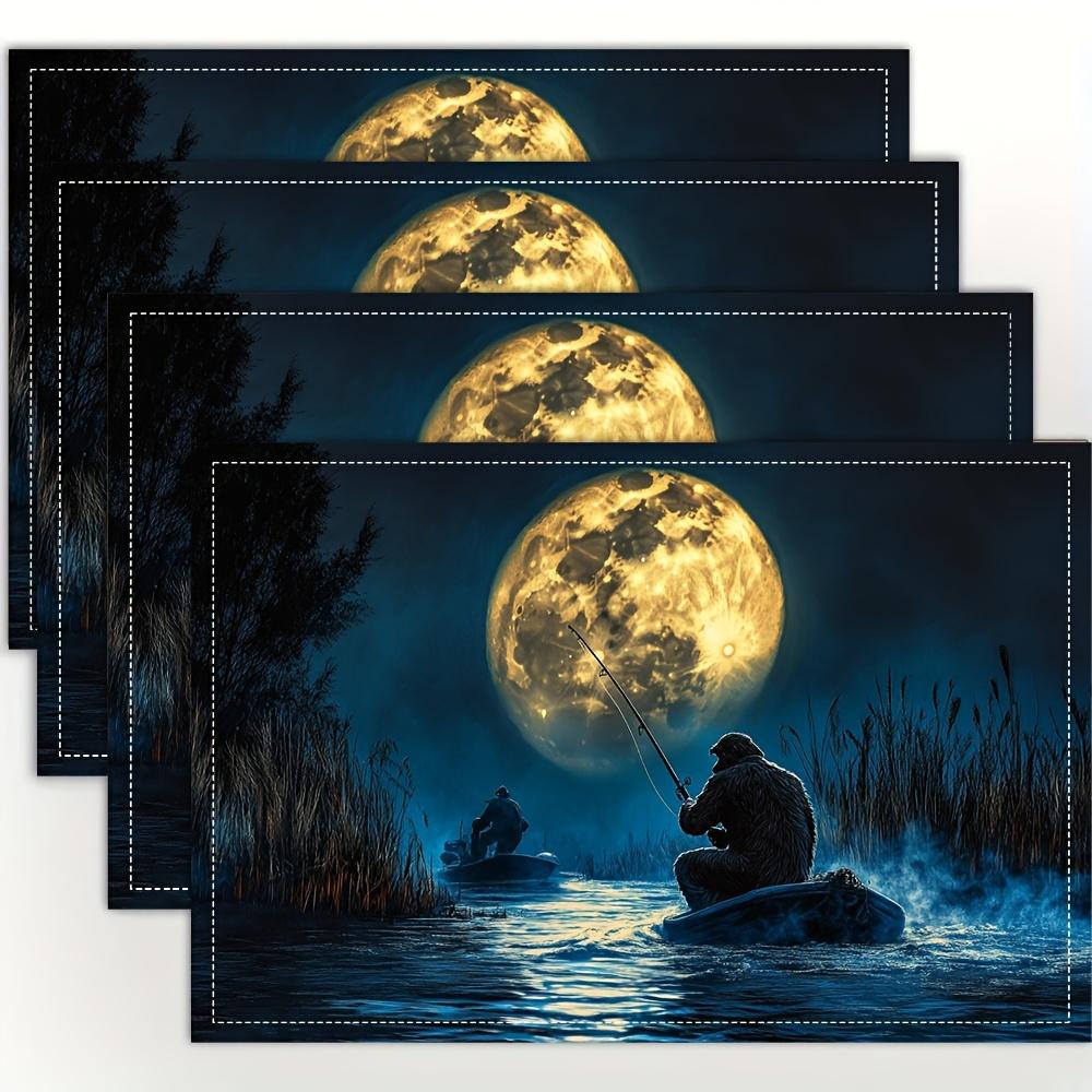 4pcs, Bigfoot Fishing Full Moon Night Placemats Linen Sasquatch Cryptid Outdoor Adventure Kitchen Table Decor 4PCS