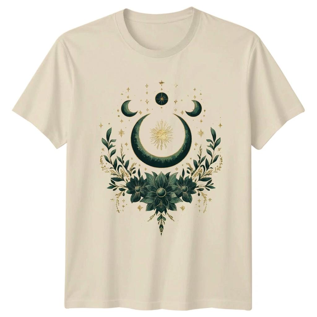 Gold Celestial Moon Phase Botanical Womens T-Shirt Witchcraft