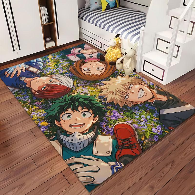 Anime Characters On Floral Carpet Suitable As a Non-slip Mat for the Living Room or Bedroom Sofa