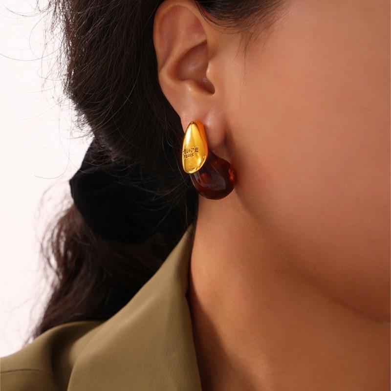 Women's Water Drop Brown Resin Stud Earrings Stainless Steel Gold Plated Waterproof Earring For Women Girls Teardrop Ear Cuffs