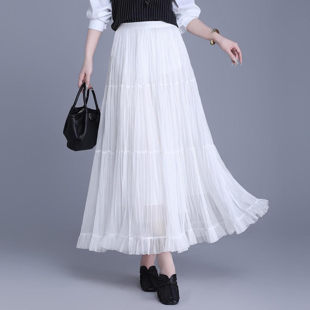 Women's 2026 Retro Ruffled Pleated Mesh Skirt - Slimming Elastic Waist, Early Spring
