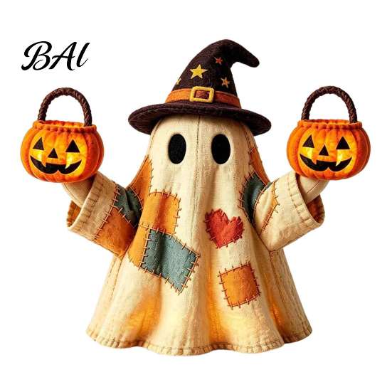 LED Light Up Ghost Lighted Vintage Patchwork Ghost, Halloween Decor for Home Display, Vintage-inspired Figurine Cute with Soft Mantels Shelves Porches