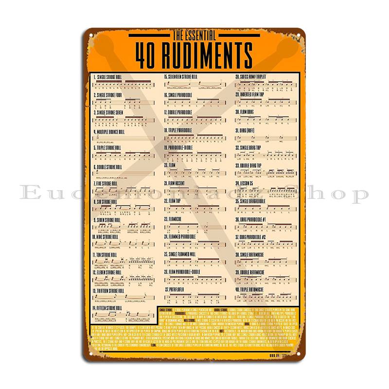 Основная таблица 40 рудиментов для барабанщиков Оранжевый металлический знак Кинотеатр Настенная роспись Настенная табличка Классический Жестяной знак с изображением железа Постер 20x30cm