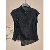 Camicia Estiva Retrò Nera Jacquard Manica Corta Temperamento Bottoni Smussati Dolce Blusa Larga Elegante Cardigan con Laccetti Top Casual Semplici